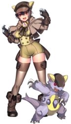  bad_id bad_twitter_id boots brown_gloves brown_hair capelet fake_horns female full_body gloves hat horned_headwear horns kangaskhan katagiri_hachigou looking_at_viewer mega_kangaskhan mega_pokemon oerba_yun_fang open_mouth personification pokemon pokemon_(creature) red_eyes short_hair simple_background standing teeth thighhighs white_background 