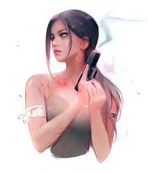  bandages blood brown_hair commentary cropped_torso english_commentary female grey_eyes gun lara_croft photoshop_(medium) ross_tran smoke solo tank_top tomb_raider tomb_raider_(reboot) upper_body weapon 