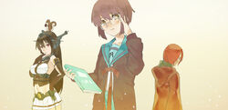  1boy 2girls adjusting_hair animal animal_on_head black_hair blue_sailor_collar book brown_cardigan brown_eyes brown_hair cardigan club3 commentary_request crossover glasses hairband hand_on_own_hip hood hooded_jacket jacket kantai_collection kita_high_school_uniform looking_at_viewer midriff multiple_crossover multiple_girls nagato_(kancolle) nagato_(naruto) nagato_yuki name_connection naruto naruto_(series) naruto_shippuuden navel on_head open_cardigan open_clothes photoshop_(medium) red_eyes red_hair sailor_collar school_uniform serafuku squirrel suzumiya_haruhi_no_shoushitsu suzumiya_haruhi_no_yuuutsu winter_uniform 