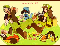  1boy backwards_hat bad_id bad_pixiv_id baseball_cap berry_(pokemon) bird black_hair bluk_berry boots brown_hair bucket closed_eyes copyright_name dedenne eevee fangs female full_body grepa_berry hair_brush happy hat helioptile holding holding_brush holding_pokemon li_sakura licking litleo long_hair lum_berry mago_berry nanab_berry on_lap one_eye_closed oran_berry overalls pecha_berry pinap_berry pokemon pokemon_(creature) pokemon_breeder_(pokemon) pokemon_on_lap pokemon_xy poochyena red_eyes riolu short_sleeves sitting smile 