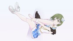  bad_id bad_twitter_id bare_legs barefoot belldot blue_skirt breasts closed_mouth commentary_request detached_collar dutch_angle female frilled_sleeves frills full_body fur-trimmed_skirt fur_trim green_eyes green_hair grey_background hair_ribbon head_rest head_tilt idolmaster idolmaster_shiny_colors invisible_chair knee_to_face knee_up layered_skirt legs looking_at_viewer nanakusa_nichika plaid plaid_neckwear plaid_skirt ribbon shoes short_hair sideways simple_background single_shoe sitting skirt sleeveless sleeveless_jacket sneakers solo unworn_shoes white_footwear wrist_cuffs 