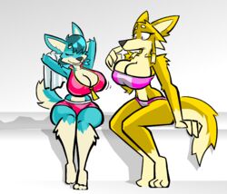  anthro aygee bandeau_bikini bikini bikini_shorts breasts canid canine canis cleavage clothed clothing colored_edge_bikini domestic_dog duo female hi_res husky kammy_(aygee) locker_room mammal midriff nordic_sled_dog pink_bikini pink_clothing pink_swimwear spitz swimwear towel xusky_(aygee) zipper zipper_bikini zipper_down zipper_pull_tab zipper_topwear 