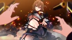  azur_lane bare_shoulders blue_eyes blue_skirt blurry blurry_foreground breasts brown_hair clothing_cutout commentary cowboy_shot crop_top en_go_(kuro_nigiri) female garter_straps groin hair_between_eyes highres long_sleeves looking_at_viewer medium_breasts midriff navel one_side_up parted_lips pov pov_hands repulse_(azur_lane) repulse_(meta)_(azur_lane) shirt short_hair shoulder_cutout sidelocks signature skirt solo_focus standing sword underboob weapon white_shirt 