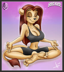  anthro arms_bent bent_legs big_breasts border bottomwear breasts cleavage closed_eyes clothed clothing crop_top crossed_feet crosslegged_pose feet feet_together feet_together_knees_apart felid female grey_border hair humanoid_feet leonor lion lotus_pose mammal meditation midriff navel pantherine plantigrade red_hair shirt shorts simple_background small_waist smile soles solo spread_knees tail tail_tuft topwear tuft xamoel yoga 