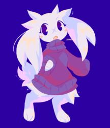  absurd_res anthro blue_background blue_clothing blue_sweater blue_topwear blush blush_stickers bottomless cave_story clothed clothing digital_drawing_(artwork) digital_media_(artwork) facial_scar female floppy_ears fluffy fluffy_ears fluffy_tail front_view fur fur_tuft head_tuft hi_res lagomorph leg_tuft leporid lineless looking_at_viewer lop_ears mammal mimiga open_mouth rabbit scar shaded shanecerity signature simple_background smile solo sue_sakamoto sweater tail topwear tuft white_body white_fur 