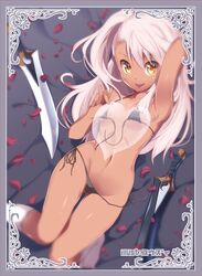  :p arm_up armpits ass_visible_through_thighs bikini black_bikini blurry breasts chloe_von_einzbern collarbone comiket_91 commentary_request dark-skinned_female dark_skin depth_of_field fate/kaleid_liner_prisma_illya fate_(series) female front-tie_bikini_top front-tie_top heart highres kanshou_&amp;_bakuya_(fate) kneehighs long_hair looking_at_viewer lying navel on_back one_side_up petals pink_hair side-tie_bikini_bottom small_breasts smile socks solo swimsuit thigh_gap tongue tongue_out untied_bikini white_socks yellow_eyes yuuzii 