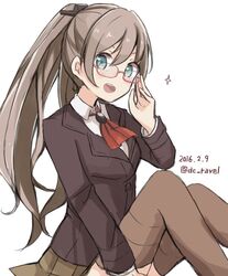  ascot bad_id bad_twitter_id bespectacled blue_eyes brown_hair brown_legwear brown_skirt commentary_request dated female glasses hair_ornament hairclip kantai_collection kumano_(kancolle) long_hair looking_at_viewer open_mouth ponytail riz_(ravel_dc) school_uniform skirt solo twitter_username 