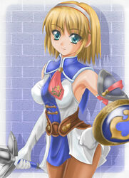  1041_(toshikazu) blonde_hair blue_eyes cassandra_alexandra female hairband looking_at_viewer shield short_hair smile solo soul_calibur soulcalibur_ii standing sword weapon 