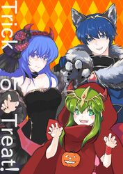  1boy 2girls armor blue_eyes blue_hair blush caeda_(fire_emblem) cape dress elbow_gloves english_text fangs fingerless_gloves fire_emblem fire_emblem:_mystery_of_the_emblem fire_emblem_heroes gloves green_eyes green_hair halloween highres horns long_hair looking_at_viewer marth_(fire_emblem) multiple_girls open_mouth pegasus_knight_uniform_(fire_emblem) pink_legwear pointy_ears ponytail protected_link qumaoto short_hair simple_background smile stone tiara tiki_(fire_emblem) tiki_(young)_(fire_emblem) trick_or_treat 