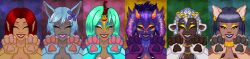  absurd_res blue_hair collar felid female feral group hair hi_res horn jewelry long_image makeup mammal mythological_creature mythological_sphinx mythology necklace oracle_sphinx pawpads paws red_hair smile smiling_at_viewer wide_image 