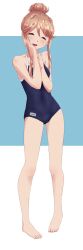  :d bare_shoulders barefoot black_one-piece_swimsuit blue_background blush border breasts closed_eyes collarbone dot_nose eyelashes feet female full_body hair_bun hair_over_shoulder hand_on_own_cheek hand_on_own_face highres hisa_tsuki idolmaster idolmaster_million_live! idolmaster_million_live!_theater_days legs light_brown_hair name_tag one-piece_swimsuit open_mouth outside_border pigeon-toed school_swimsuit sidelocks single_hair_bun small_breasts smile solo standing swimsuit tenkubashi_tomoka toenails toes white_border 