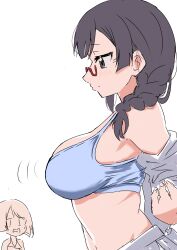  2girls absurdres black_hair blue_sports_bra blush bob_cut bouncing_breasts braid breasts closed_mouth commentary_request ereka glasses grey_eyes highres large_breasts long_hair love_live! love_live!_nijigasaki_high_school_idol_club low_twin_braids motion_lines multiple_girls nakagawa_nana nakasu_kasumi open_mouth red-framed_eyewear semi-rimless_eyewear shirt shirt_partially_removed short_hair sideways_mouth simple_background skirt solo_focus sports_bra sweatdrop swept_bangs twin_braids under-rim_eyewear white_background white_shirt white_skirt yuki_setsuna_(love_live!) 