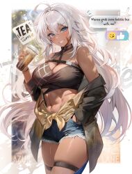  abs absurdres ahoge alice_vu azur_lane belly between_breasts blue_eyes blush breasts bubble_tea cleavage clothes_around_waist dark_skin denim denim_shorts drink emoticon english_text female highres holding holding_drink indiana_(azur_lane) jacket long_hair looking_at_viewer navel official_art open_clothes open_jacket scar sharp_teeth shirt shirt_around_waist short_shorts shorts simple_background smile speech_bubble strap_between_breasts teeth thighs watermark white_hair 