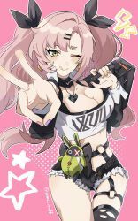  absurdres amillion_(zenless_zone_zero) black_ribbon black_shorts breasts cleavage crop_top earrings female green_eyes hair_ornament hair_ribbon hairclip heart heart_necklace highres holding holding_suitcase jewelry large_breasts long_hair midriff mole mole_on_breast mole_on_thigh mole_under_eye nail_polish navel necklace nicole_demara one_eye_closed open_fly pantyhose pink_background pink_hair ribbon short_shorts shorts single_leg_pantyhose solo suitcase thighs tongue tongue_out torn_clothes torn_pantyhose twintails twitter_username umiinu_(umi_inu11) v zenless_zone_zero 