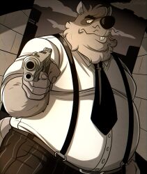  2024 anthro belly big_belly bottomwear building clothing cloud detailed_background gun humanoid_hands john_vithor male mammal murid murine necktie outside overweight overweight_male pants ranged_weapon rat rodent shirt solo suspenders topwear weapon 