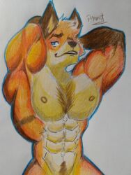  anthro barazoku body_hair canid canine canis chest_hair ears_up eyebrows fox fur hairy hi_res kemo_coliseum lambert_(kemo_coliseum) male mammal multicolored_body multicolored_fur muscular muscular_anthro muscular_male nipples pecs pinumontbalou pubes raised_arm red_fox smile solo true_fox 