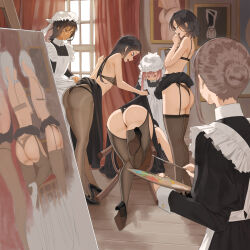  6+girls apron ass black_dress black_footwear black_garter_straps black_hair black_skirt brown_thighhighs chair clothes_lift commentary curtains dress english_commentary garter_straps hair_bun hat high_heels highres holding holding_paintbrush holding_palette indoors lifting_another&#039;s_clothes long_hair long_sleeves looking_at_another maid maid_apron mob_cap multiple_girls original paintbrush painting_(action) painting_(object) palette_(object) short_hair single_hair_bun skirt skirt_lift standing thighhighs throtem tripping white_hat window 