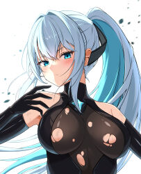  absurdres armpits black_ark_ranger_(nikke) black_gloves black_ribbon blue_eyes blue_hair bodysuit breasts closed_mouth colored_inner_hair cropped_torso elbow_gloves female gloves goddess_of_victory:_nikke hair_between_eyes hair_intakes hair_ribbon hand_up highres impossible_bodysuit impossible_clothes large_breasts latex latex_bodysuit long_hair looking_at_viewer multicolored_hair ponytail ribbon sidelocks simple_background skin_tight solo torn_bodysuit torn_clothes upper_body white_background white_hair yuyuchi_(gyazaa) 