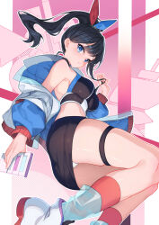  bison_cangshu black_hair black_shorts blue_eyes blush breasts closed_mouth female gridman_universe gridman_universe_(film) highres jacket long_hair looking_at_viewer midriff navel official_alternate_costume open_clothes open_jacket panties ponytail shorts socks solo takarada_rikka thick_thighs thighs underwear 