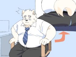  2024 anthro belly big_belly bottomwear canid canine canis clothing domestic_dog hi_res inunoshippo kemono male mammal necktie overweight overweight_male pants shirt sitting solo surprised topwear 