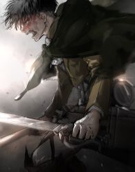  1boy ascot black_hair blood blood_on_face brown_jacket cropped_jacket dual_wielding furrowed_brow hair_between_eyes highres holding jacket levi_(shingeki_no_kyojin) long_sleeves male_focus open_mouth pants shingeki_no_kyojin shirt short_hair shouting solo three-dimensional_maneuver_gear twitter_username upper_body white_ascot white_pants white_shirt yuu_(39_hj_yuu) 