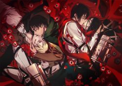  3boys black_hair blonde_hair bolo_tie boots breasts brown_jacket cloak closed_eyes collared_shirt couple cropped_jacket eren_yeager erwin_smith facial_mark falling_flower falling_petals female flower green_cloak hair_between_eyes hand_in_another&#039;s_hair harness highres holding_another&#039;s_head jacket kissing levi_(shingeki_no_kyojin) medium_breasts mikasa_ackerman multiple_boys neri_aot pants parted_bangs petals poppy_(flower) red_background red_flower red_petals red_scarf scar scar_on_cheek scar_on_face scarf shingeki_no_kyojin shirt short_hair straight three-dimensional_maneuver_gear upper_body white_pants white_shirt yaoi 