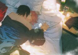  1boy bed_sheet black_hair blush bottle couple female green_eyes half-closed_eyes highres holding_hands imminent_kiss japanese_clothes kimono medium_hair naruto naruto_(series) niku_(ni23ku) on_bed open_clothes open_kimono parted_bangs parted_lips pillow pink_hair sake_bottle sakura_haruno straight twitter_username uchiha_sasuke 