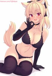  animal_ears bare_shoulders black_bra black_choker black_gloves black_thighhighs blonde_hair bra breasts cat_ears cat_girl cat_tail choker cleavage collarbone commentary elbow_gloves english_commentary female gloves hair_ornament highres large_breasts long_hair looking_at_viewer navel nottytiffy open_mouth original patreon_username ponytail red_eyes simple_background sitting solo stomach tail thighhighs thighs tiffy_(nottytiffy) underwear white_background 