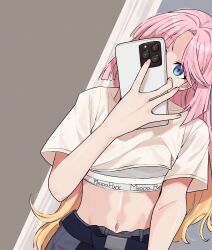  anyoji_hime belt black_belt blonde_hair blue_eyes blunt_bangs brand_name_imitation calvin_klein cellphone commentary crop_top cropped_shirt dutch_angle female goldluck gradient_hair grey_sports_bra highres holding holding_phone link!_like!_love_live! long_belt long_hair looking_at_viewer love_live! midriff mirror_selfie multicolored_hair navel phone pink_hair selfie shirt short_sleeves sidelocks smartphone solo sports_bra swept_bangs upper_body very_long_hair virtual_youtuber white_shirt 