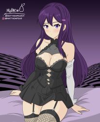  artist_name bed bed_sheet black_bridal_gauntlets black_dress blush breasts bridal_gauntlets cleavage cowboy_shot dress expressionless female fishnets goth_fashion gradient_background hair_intakes highres instagram instagram_username large_breasts long_hair looking_at_viewer matthew_pear off_shoulder purple_background purple_eyes purple_hair signature sitting thigh_strap thighs twitter_username very_long_hair white_bridal_gauntlets yuri_(doki_doki_literature_club) 