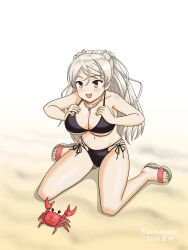  beach bikini black_bikini breasts brown_eyes cleavage conte_di_cavour_(kancolle) conte_di_cavour_(swimsuit_mode)_(kancolle) crab dated day female geru jewelry kantai_collection large_breasts long_hair looking_at_another necklace official_alternate_costume outdoors sand sandals sitting swimsuit twitter_username unworn_sandals 