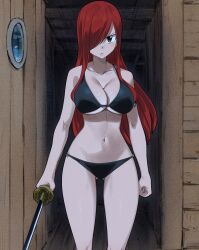  arm_tattoo bikini black_bikini breasts brown_eyes erza_scarlet fairy_tail fairy_tail_logo female gaston18 hair_over_one_eye highres holding holding_sword holding_weapon large_breasts long_hair red_hair swimsuit sword tattoo weapon 