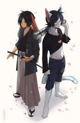  2boys :3 animal_ears baseball_bat black_hair black_kimono black_pants black_shirt cat_ears closed_mouth crop_top furry furry_male geta highres holding holding_baseball_bat holding_sword holding_weapon japanese_clothes kaziearts kimono long_sleeves male_focus midriff multicolored_fur multiple_boys original pants rabbit_ears shirt smile sword tail weapon white_fur yellow_fur yukata 