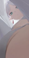  close-up closed_mouth commentary crotch_focus earrings elf female foreshortening frieren green_eyes highres hiroki_(yyqw7151) jewelry lifting_own_clothes looking_down parted_lips pointy_ears shirt simple_background solo sousou_no_frieren upshirt white_background white_hair white_shirt 