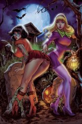  2girls arm_tattoo bat_(animal) blonde_hair blue_eyes breasts brown_hair daphne_ann_blake elias_chatzoudis full_moon glasses green_scarf hairband halloween high_heels highres holding holding_lantern jack-o&#039;-lantern lantern large_breasts long_hair miniskirt moon multiple_girls night orange_shirt orange_socks outdoors pantyhose pleated_skirt purple_footwear purple_hairband purple_lips purple_pantyhose purple_shirt red_footwear red_skirt scarf scooby-doo shirt short_hair short_sleeves signature skirt socks tattoo tombstone velma_dace_dinkley zombie 