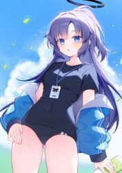  :o absurdres ass_visible_through_thighs black_buruma black_shirt blue_archive blue_eyes blue_jacket blue_sky bottle breasts buruma cloud commentary_request covered_navel cowboy_shot day falling_leaves female gym_shirt gym_uniform hair_between_eyes halo hand_on_own_thigh highres holding holding_bottle ice_(ice) id_card jacket lanyard leaf light_blush long_hair long_sleeves looking_at_viewer mechanical_halo medium_breasts off_shoulder official_alternate_costume open_clothes open_jacket outdoors parted_lips ponytail puffy_long_sleeves puffy_sleeves purple_hair shirt short_sleeves sky solo standing star_sticker sticker_on_face track_jacket twitter_username very_long_hair yuuka_(blue_archive) yuuka_(track)_(blue_archive) 