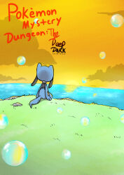  2024 ambiguous_gender blue_body bubble cloud cover cover_art day digital_media_(artwork) english_text generation_4_pokemon glistening grass nintendo orange_sky outside paws plant pokemon pokemon_(species) pokemon_mystery_dungeon red_text reflection riolu rock sawlamander sea shadow sitting sky solo spike_chunsoft sun sunset tail text water water_reflection 