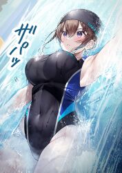  black_one-piece_swimsuit blue_eyes bouncing breasts competition competition_swimsuit covered_navel female hawawa-chan_(shiro_kuma_shake) highleg highleg_one-piece_swimsuit highres lane_line large_breasts one-piece_swimsuit original partially_submerged pool sirokuma_shake smile solo swim_cap swimming swimsuit two-tone_swimsuit underwater wet wet_clothes wet_swimsuit 