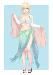  absurdres aizawa_ema aoibajiru bikini blonde_hair blue_bikini blue_eyes blue_hair blue_sarong breasts feet female front-tie_top gradient_hair hair_flaps highres holding holding_towel large_breasts legs long_sleeves looking_at_viewer multi-strapped_bikini_bottom multi-strapped_bikini_top multicolored_hair navel off-shoulder_shirt off_shoulder open_mouth sandals sarong see-through see-through_shirt shirt short_hair slippers smile solo swimsuit toenails toes towel virtual_youtuber vspo! white_bustier white_shirt 