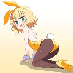  :o all_fours animal_ears ass backless_leotard bare_arms bare_back bare_shoulders blunt_bangs brown_pantyhose commentary_request dot_nose fake_animal_ears female gochuumon_wa_usagi_desu_ka? green_eyes hair_intakes headband high_heels highleg highleg_leotard highres kirima_syaro legs_together leotard looking_at_viewer looking_back medium_hair open_mouth pantyhose playboy_bunny rabbit_tail sakuzo shadow solo tail thighs wrist_cuffs yellow_background yellow_footwear yellow_headband yellow_leotard yellow_theme 