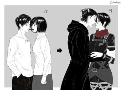  13nohuyu 1boy age_progression black_coat black_hair black_shirt blush border breasts coat collared_shirt couple eren_yeager female food grey_background grey_skirt hair_between_eyes hair_bun hand_on_another&#039;s_arm harness heavy_breathing highres hood hood_down hooded_coat large_breasts long_sleeves mikasa_ackerman monochrome parted_bangs pocky pocky_kiss red_scarf scarf shingeki_no_kyojin shirt short_hair skirt spot_color straight three-dimensional_maneuver_gear twitter_username white_border white_shirt 