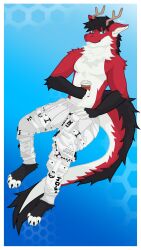  absurd_res anthro arm_tuft belly belly_tuft black_hair blue_eyes chest_tuft container cup digital_drawing_(artwork) digital_media_(artwork) digitigrade dragon elbow_tuft floating fluffybean12 foot_tuft fur furred_dragon furred_scalie hair hi_res holding_container holding_cup holding_object horn hybrid inner_ear_fluff looking_at_viewer male multicolored_body multicolored_fur mythological_creature mythological_scalie mythology pants_only paws red_body scalie shaded shoulder_tuft signature simple_background solo tail tuft white_belly white_inner_ear white_inner_ear_fluff 