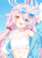  :d ahoge arm_up bikini bikini_under_clothes blue-tinted_eyewear blue_archive blue_eyes blue_jacket blue_sky blush brown_eyes cloud commentary_request day drawstring eyewear_lift female frilled_bikini frills hair_between_eyes hair_bobbles hair_ornament halo heterochromia highres hood hood_down hooded_jacket hoshino_(blue_archive) hoshino_(swimsuit)_(blue_archive) jacket kani_biimu long_hair long_sleeves looking_at_viewer low_twintails navel oerba_yun_fang off_shoulder open_clothes open_jacket outdoors pink_hair puffy_long_sleeves puffy_sleeves sky smile solo sunglasses swimsuit tinted_eyewear twintails upper_body very_long_hair white-framed_eyewear white_bikini 