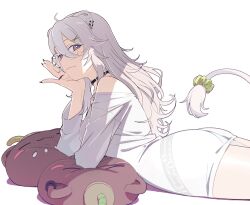  absurdres ahoge animal_ears bare_shoulders breasts character_pillow choker closed_mouth ear_piercing female fingernails grey_hair hair_between_eyes hair_ornament head_rest highres hololive light_blush lion_ears lion_tail long_hair long_sleeves looking_at_viewer looking_to_the_side lying off_shoulder on_stomach piercing purple_eyes robotta sharp_fingernails shirt shishiro_botan simple_background small_breasts smile solo ssrb_(shishiro_botan) tail tail_scrunchie virtual_youtuber white_background white_shirt x_hair_ornament 