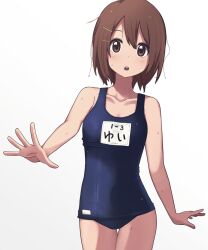  brown_eyes brown_hair collarbone female highres hirasawa_yui k-on! looking_at_viewer open_mouth school_swimsuit short_hair simple_background swimsuit teeth tennosuke_(tejons) upper_teeth_only wet 