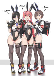  3girls animal_ears asymmetrical_sleeves backpack bag bee_doushi black_hair blue_eyes blue_hair breasts brown_hair cleavage closed_mouth clothing_cutout earrings fake_animal_ears fake_tail full_body hair_ornament hairclip hand_up highleg highleg_leotard highres holster jacket jewelry leotard long_hair long_sleeves looking_at_viewer medium_breasts mole mole_under_eye multicolored_hair multiple_girls navel navel_cutout necktie open_clothes open_jacket open_mouth original pink_hair purple_eyes rabbit_ears rabbit_tail red_eyes ribbon shiny_skin shoes short_hair simple_background small_breasts smile sneakers stomach tail thigh_holster thighhighs thighs twintails v white_background x_hair_ornament 