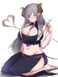  barefoot belly belt between_breasts black_shirt black_skirt blush breasts brown_horns cleavage closed_mouth commentary_request crop_top demon_girl demon_horns demon_tail female full_body highres holding honey_strap horns ikada large_breasts long_hair looking_at_viewer medium_bangs midriff mimikaki mole mole_under_mouth nanashi_inc. navel necktie necktie_between_breasts open_clothes open_vest pointy_ears popped_collar purple_belt purple_eyes purple_hair purple_necktie saionji_mary seiza shirt simple_background sitting skirt smile solo tail very_long_hair vest virtual_youtuber white_background white_vest 