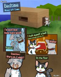  ambiguous_gender anthro black_body black_fur brown_body brown_fur canid canine canis cat_(minecraft) detailed_background dialogue digital_drawing_(artwork) digital_media_(artwork) domestic_cat duo english_text felid feline felis fur grass grey_body grey_fur hi_res luxx mammal microsoft minecraft mojang outside plant speech_bubble text tree white_body white_fur wolf wolf_(minecraft) xbox_game_studios 