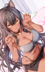  :3 ahoge animal_ears bare_arms bare_shoulders bell black_collar black_hair black_panties black_skirt blush breasts camisole cat_ears cat_girl cat_tail claw_pose cleavage collar collarbone commission crop_top crossed_bangs dark-skinned_female dark_skin female fingernails grey_camisole hair_between_eyes hands_up highleg highleg_panties highres indoors kamiya_maneki large_breasts long_hair looking_at_viewer navel neck_bell original panties sitting skeb_commission skirt solo stomach tail thighs underwear very_long_hair yellow_eyes 