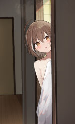  ahoge alternate_hair_length alternate_hairstyle bathroom black_hair blush breasts brown_eyes brown_hair collarbone commentary covering_privates doorway double-parted_bangs english_commentary female hair_between_eyes hallway highres holding holding_towel hololive hololive_english indoors looking_at_viewer multicolored_hair naked_towel nanashi_mumei nude nude_cover open_mouth parted_lips peeking_out short_hair shuuzo3 small_breasts solo standing steam streaked_hair tile_wall tiles towel virtual_youtuber wet wet_hair white_hair white_towel wooden_floor 